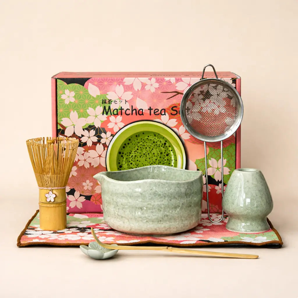 8 Piece Sakura Matcha Tea Set – Japanese Tea Ceremony Kit with Ceramic Bowl, Bamboo Chasen, Spoon Rest, Scoop, Sifter, Holder & Towel, Authentic Matcha Starter Set for Tea Lovers – Complete Matcha Kit for Beginners, Home & Gift