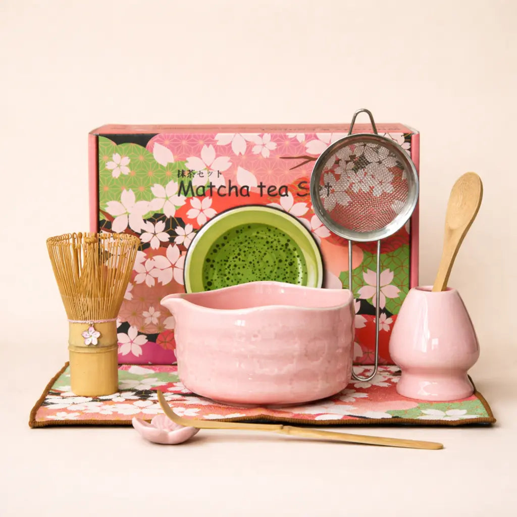 8 Piece Sakura Matcha Tea Set – Japanese Tea Ceremony Kit with Ceramic Bowl, Bamboo Chasen, Spoon Rest, Scoop, Sifter, Holder & Towel, Authentic Matcha Starter Set for Tea Lovers – Complete Matcha Kit for Beginners, Home & Gift