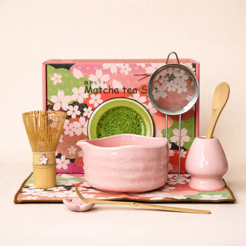 8 Piece Sakura Matcha Tea Set – Japanese Tea Ceremony Kit with Ceramic Bowl, Bamboo Chasen, Spoon Rest, Scoop, Sifter, Holder & Towel, Authentic Matcha Starter Set for Tea Lovers – Complete Matcha Kit for Beginners, Home & Gift