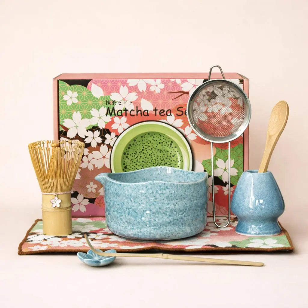 8 Piece Sakura Matcha Tea Set – Japanese Tea Ceremony Kit with Ceramic Bowl, Bamboo Chasen, Spoon Rest, Scoop, Sifter, Holder & Towel, Authentic Matcha Starter Set for Tea Lovers – Complete Matcha Kit for Beginners, Home & Gift