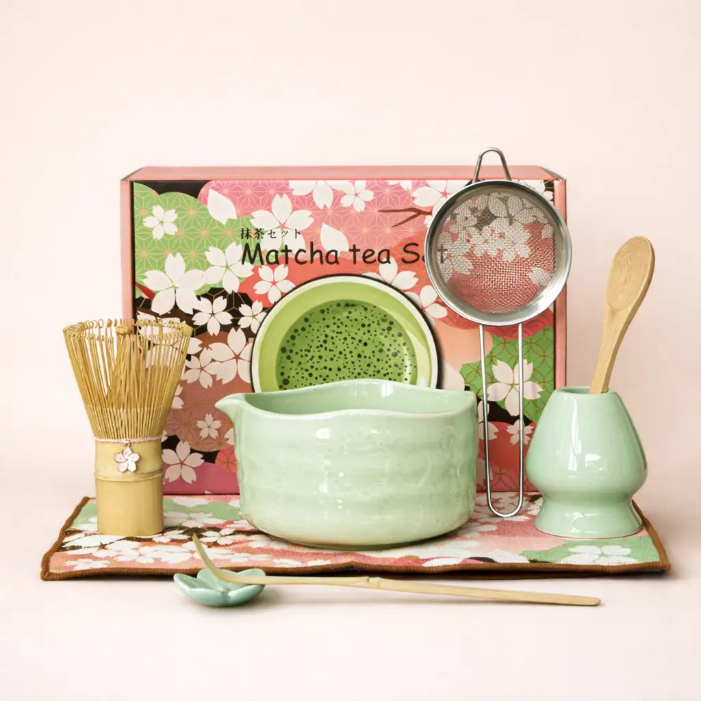 8 Piece Sakura Matcha Tea Set – Japanese Tea Ceremony Kit with Ceramic Bowl, Bamboo Chasen, Spoon Rest, Scoop, Sifter, Holder & Towel, Authentic Matcha Starter Set for Tea Lovers – Complete Matcha Kit for Beginners, Home & Gift