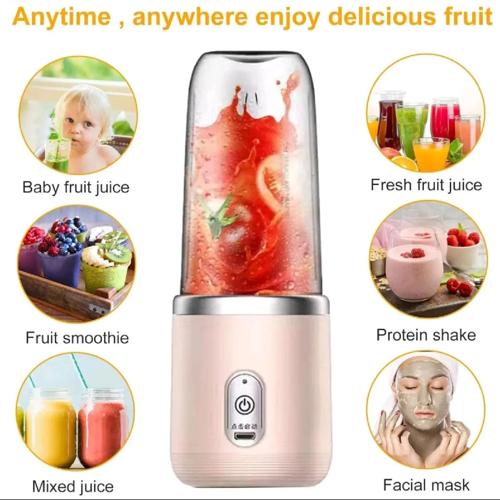 Portable Blender with 6 Blades, 400Ml Traveling Fruit Veggie Juicer Cup for Kitchen, Home and Travel - Pink