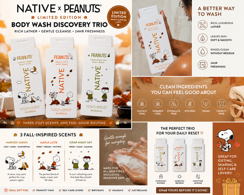 Native x Peanuts® Limited Edition Body Wash Discovery Trio | 3-Pack Fall Collection | Rich Lather • Gentle Cleanse • 24-Hour Freshness