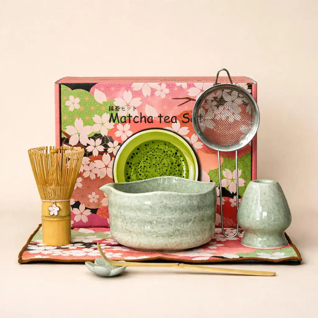 8 Piece Sakura Matcha Tea Set – Japanese Tea Ceremony Kit with Ceramic Bowl, Bamboo Chasen, Spoon Rest, Scoop, Sifter, Holder & Towel, Authentic Matcha Starter Set for Tea Lovers – Complete Matcha Kit for Beginners, Home & Gift