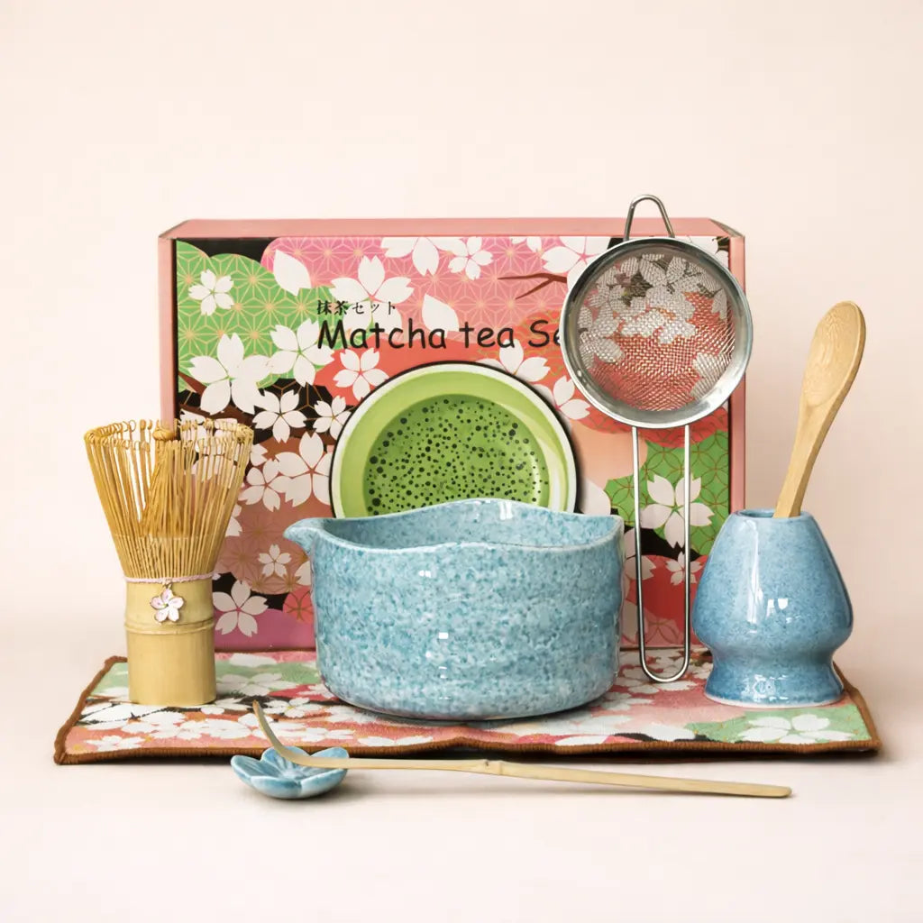 8 Piece Sakura Matcha Tea Set – Japanese Tea Ceremony Kit with Ceramic Bowl, Bamboo Chasen, Spoon Rest, Scoop, Sifter, Holder & Towel, Authentic Matcha Starter Set for Tea Lovers – Complete Matcha Kit for Beginners, Home & Gift