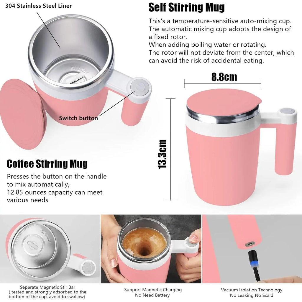 Self Stirring Mug,Rechargeable Auto Coffee Mug with 2 Count Stir Bar, Automatic Mixing Cup for Milk/Cocoa at Office/Kitchen/Travel 14Oz -