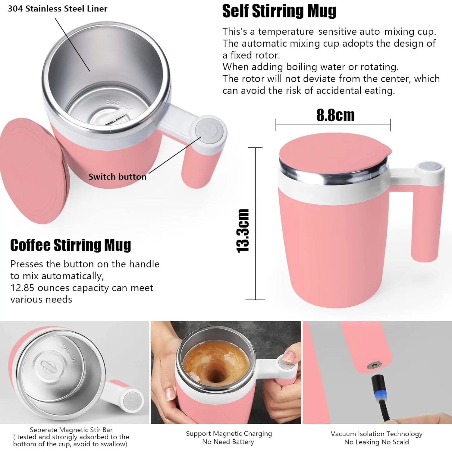 Self Stirring Mug,Rechargeable Auto Coffee Mug with 2 Count Stir Bar, Automatic Mixing Cup for Milk/Cocoa at Office/Kitchen/Travel 14Oz -